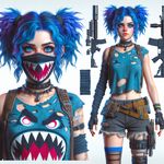 Create an image of a female character from a fantasy world. She has wild cobalt blue hair that is done up in braided pigtails. She has bright mischievous blue eyes with her lower face concealed by a rebel-style mask. Her wardrobe contains a ragged sleeveless shirt, tight shorts, and mismatching stockings. Besides, she carries a high-tech machine gun with a shark-like design. Her overall style can be described as chaotic, rebellious, and mischievous.